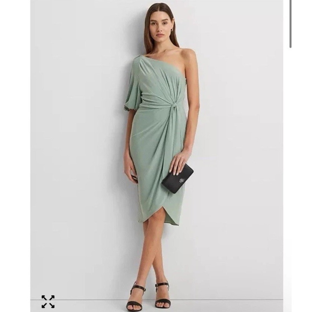 Lauren Ralph One Shoulder Twist Front Dress Soft Laurel Green 14 Wedding Guest